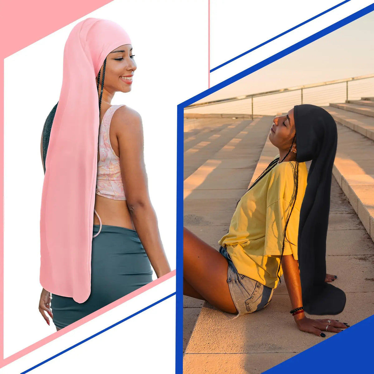 A woman wearing a pink jumbo dreadlock cap is shown in a split image, modeling the soft knit hair wrap.