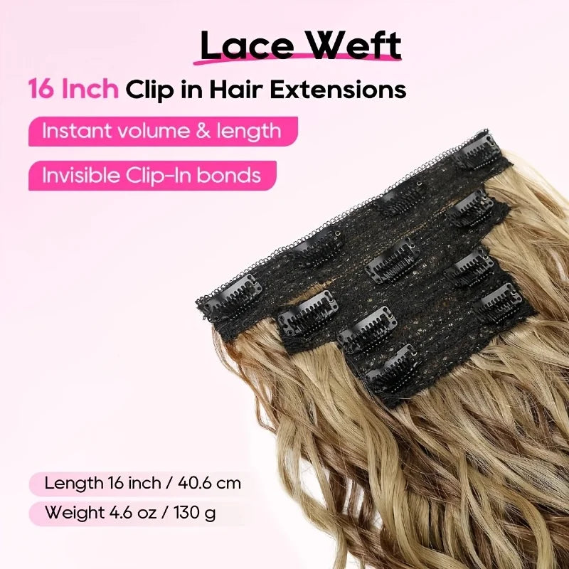 A pack of black Lace Weft clip-in hair extensions being worn in blonde curly hair.