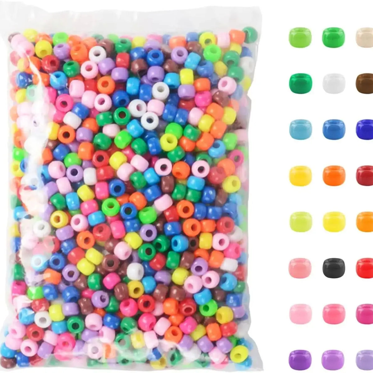A bag filled with colorful acrylic pony beads in various shades of pink, blue, green, and yellow.