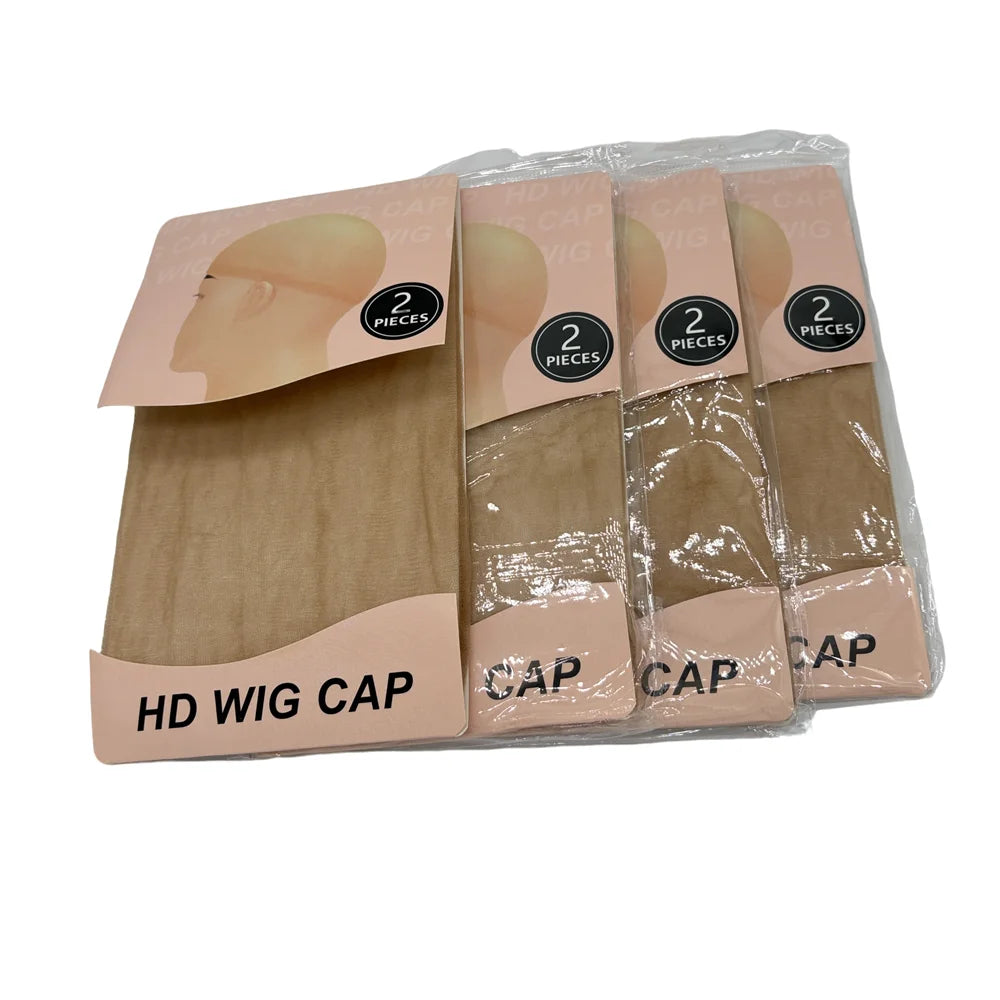 Pack of five clear plastic invisible sheer wig caps for HD wigs with packaging.
