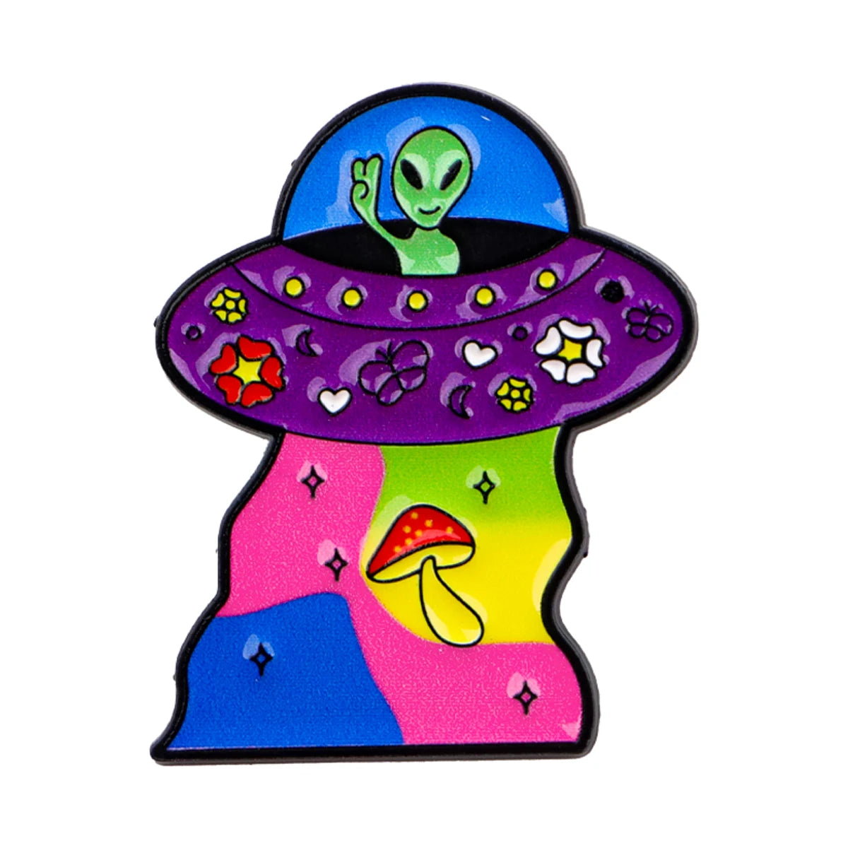 A colorful enamel pin featuring an alien head inside a purple, textured bowl shape with bright pink and blue accents.