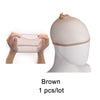 Brown stretchable mesh hair net displayed on a mannequin head.