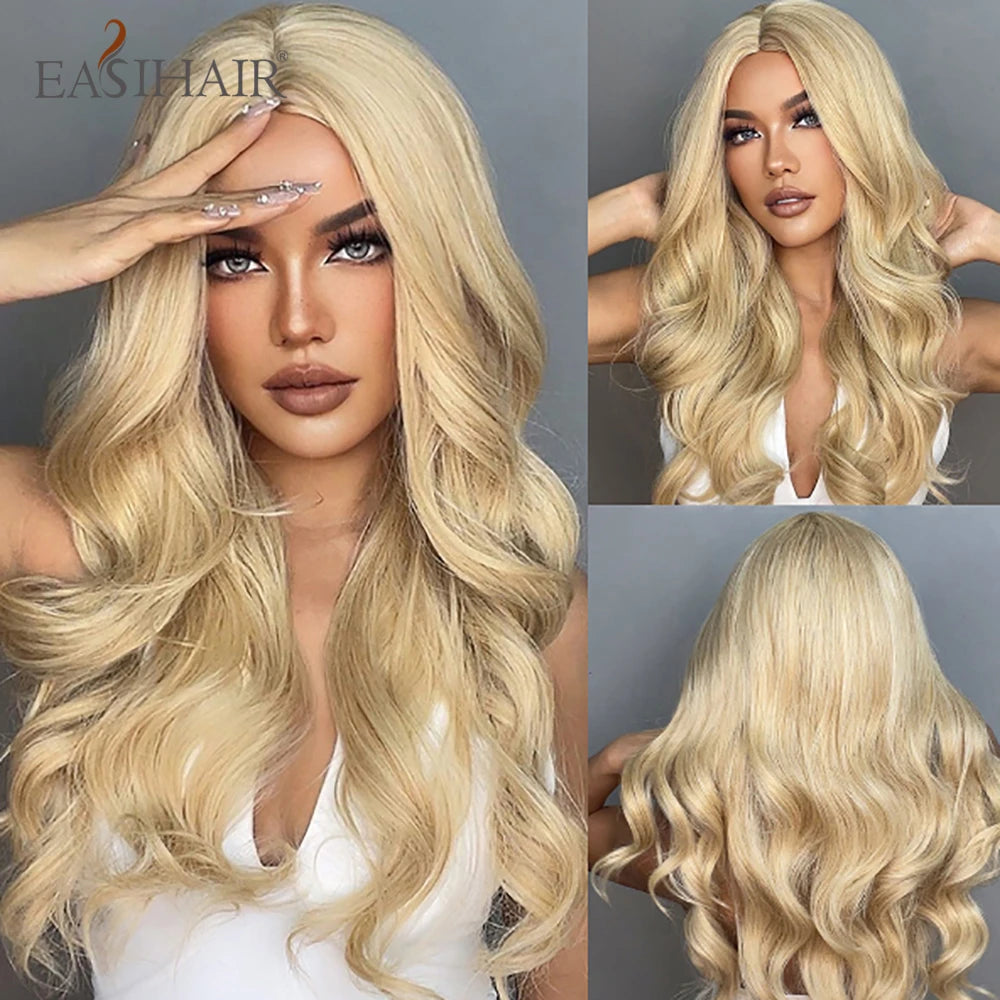 A model showcases a long, wavy sandy blonde golden cosplay wig with long bangs.
