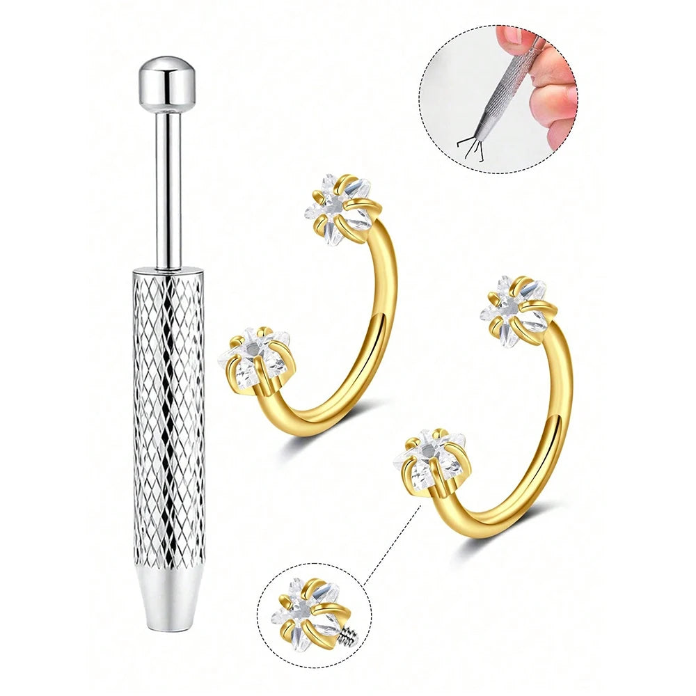 Stainless steel horseshoe nose stud with ball grabber and decorative flower detail.