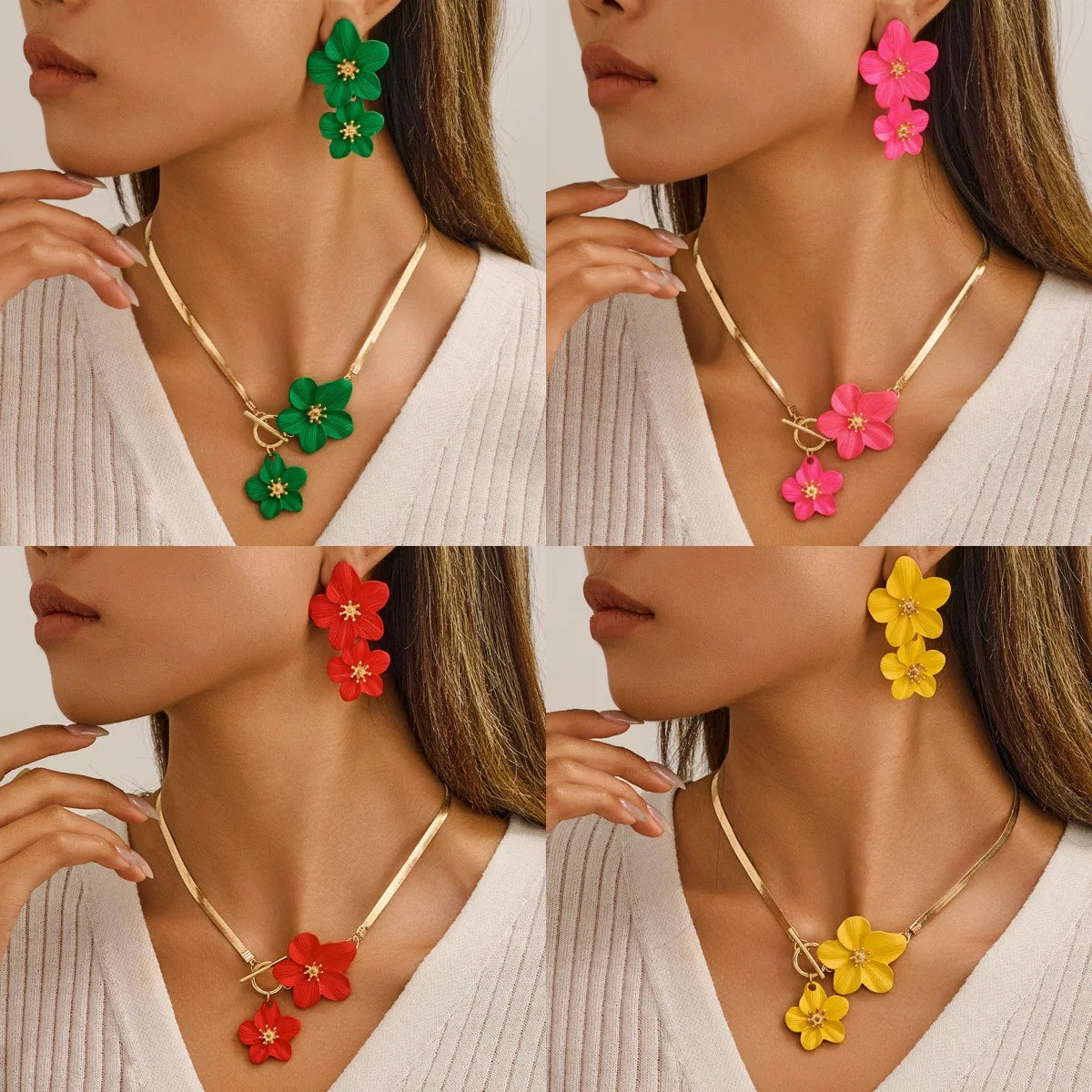 A close-up of a woman wearing a gold floral pendant necklace and matching earrings with green and pink flowers.