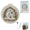 Embroidery DIY Art Kit featuring a circular design of a woman and a bird in a wreath on a light fabric
