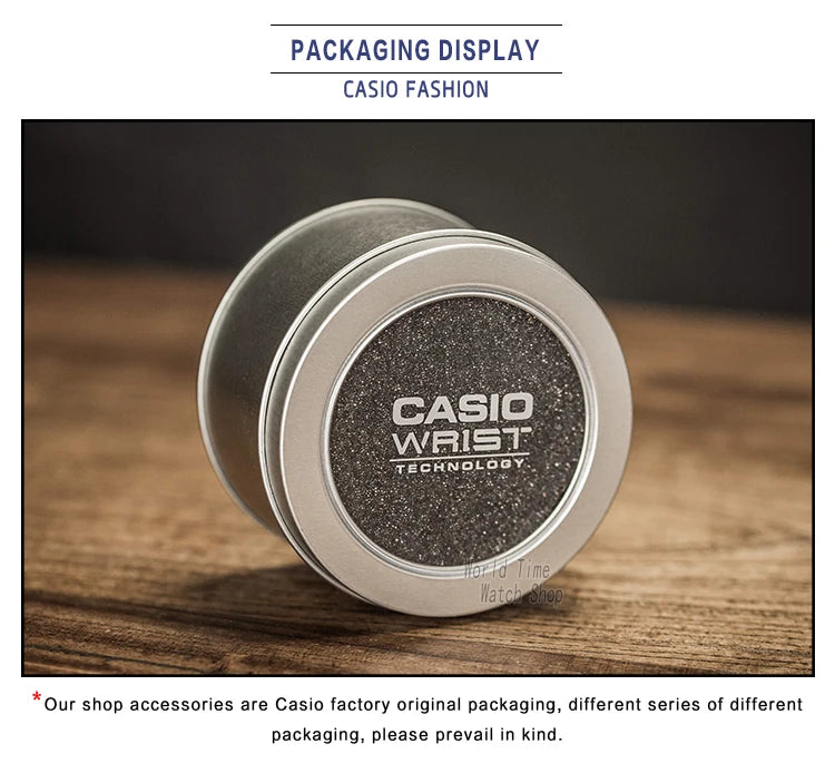 A silver watch packaging display featuring a Casio Wrist Technology product.