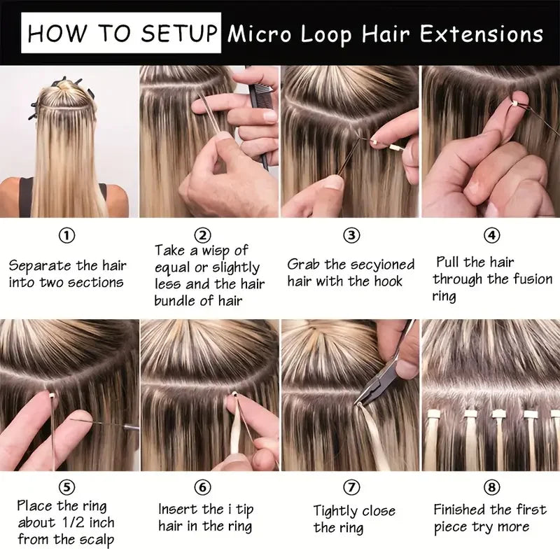Step-by-step guide showing how to set up micro loop hair extensions using a tool kit.