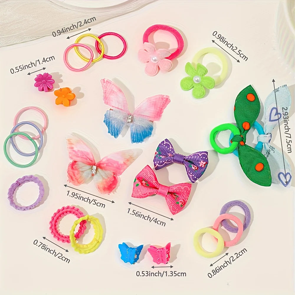 A collection of colorful butterfly hair accessories including rings, clips, and bows in pink, green, yellow, and purple.