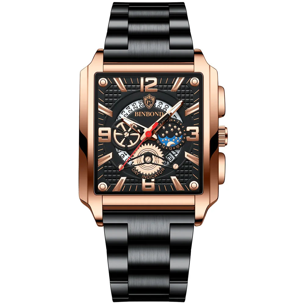 Nahaufnahme einer Roségold- und schwarzen Uhr mit einem detaillierten Zifferblatt und einem Zeiger.