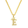 A gold-colored initial E crown pendant necklace with a delicate chain.