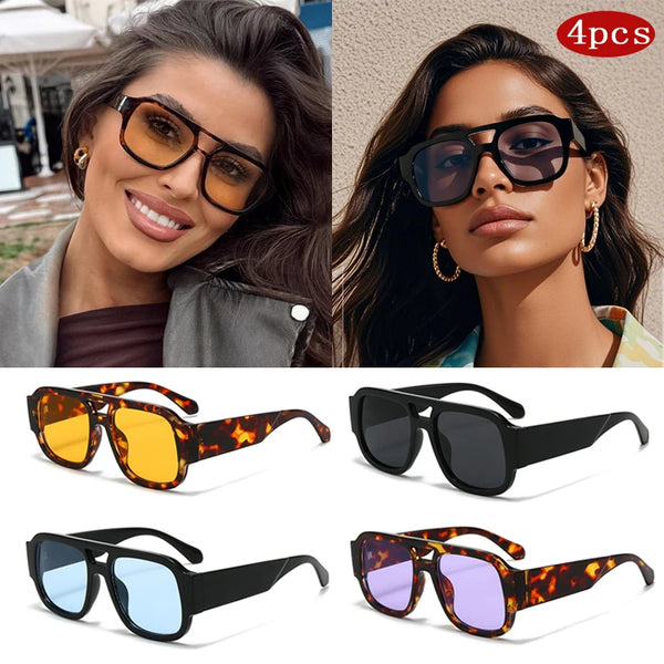 A set of four vintage square sunglasses in various colors including orange, black, and purple frames.