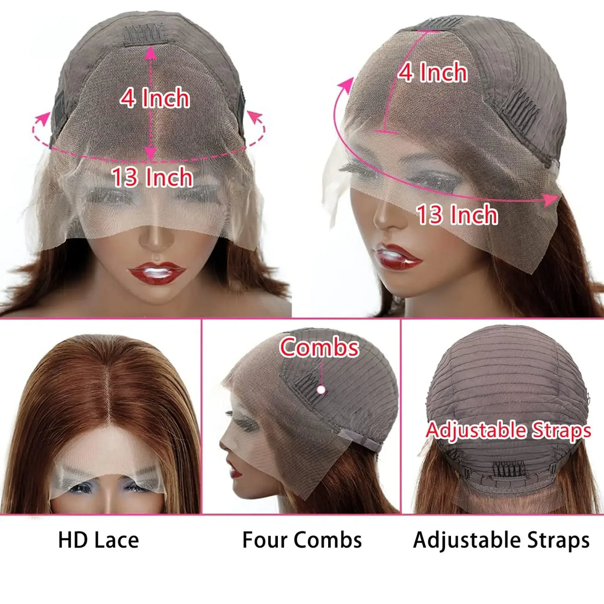 Schokoladenbraune Body-Wave-Lace-Front-Perücke mit verschiedenen Accessoires wie Kämme und verstellbaren Riemen.