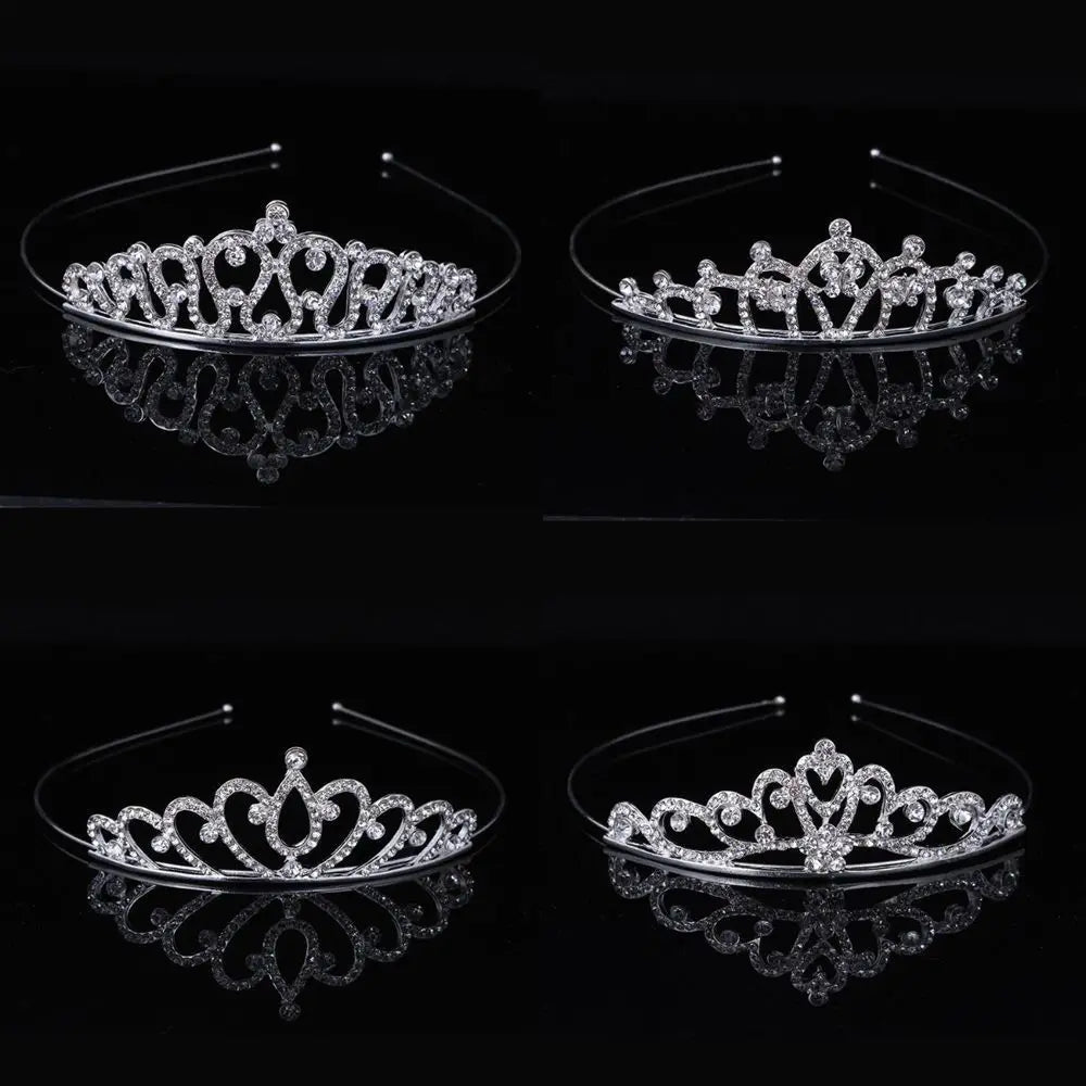 Silver crystal hair crown for women shown in multiple angles on a black background
