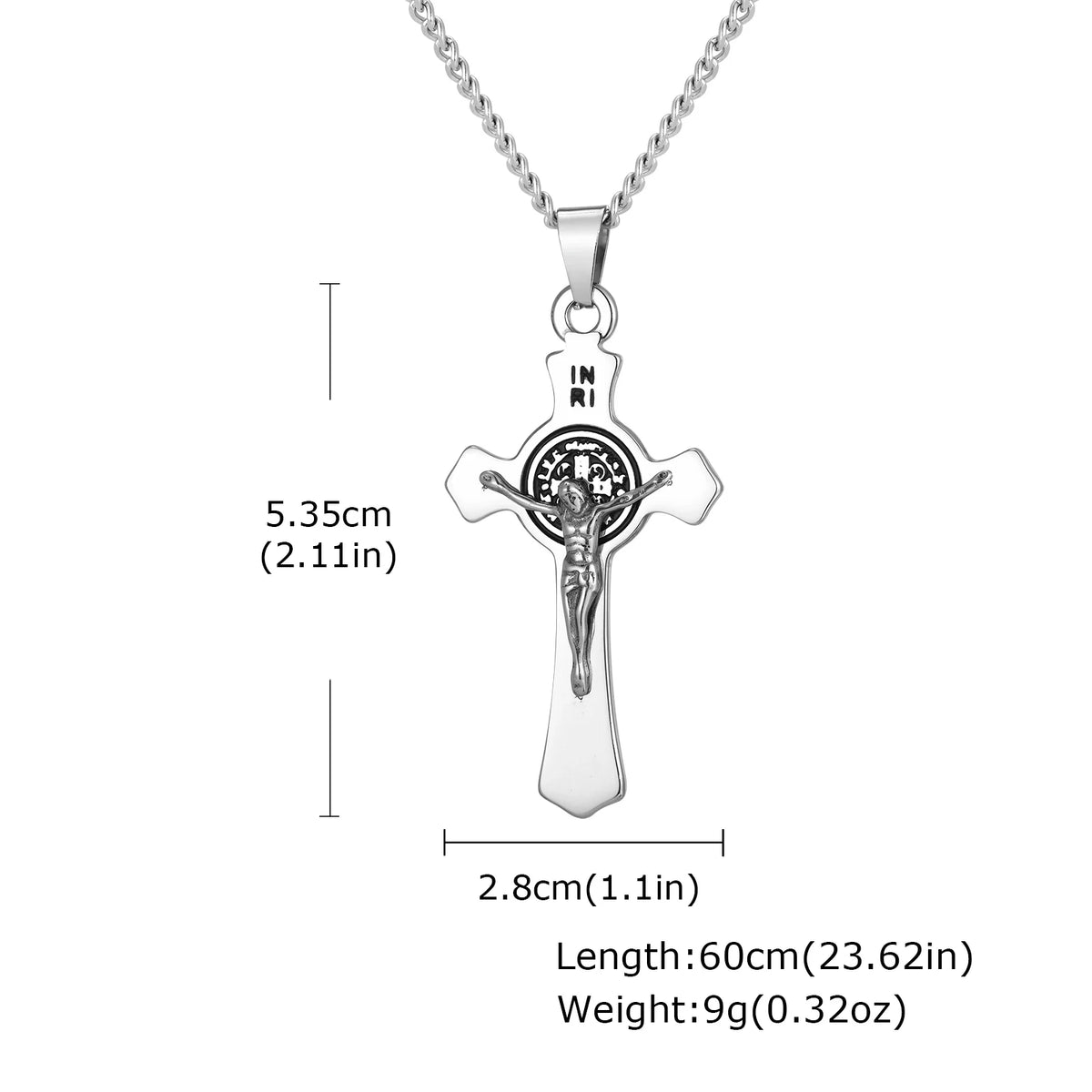 A silver stainless steel cross necklace with an inscription and a detailed crucifix design.