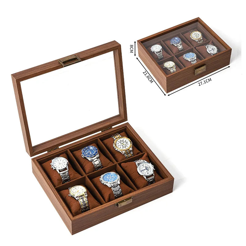 A wooden display box with multiple slots for showcasing watches and jewelry.