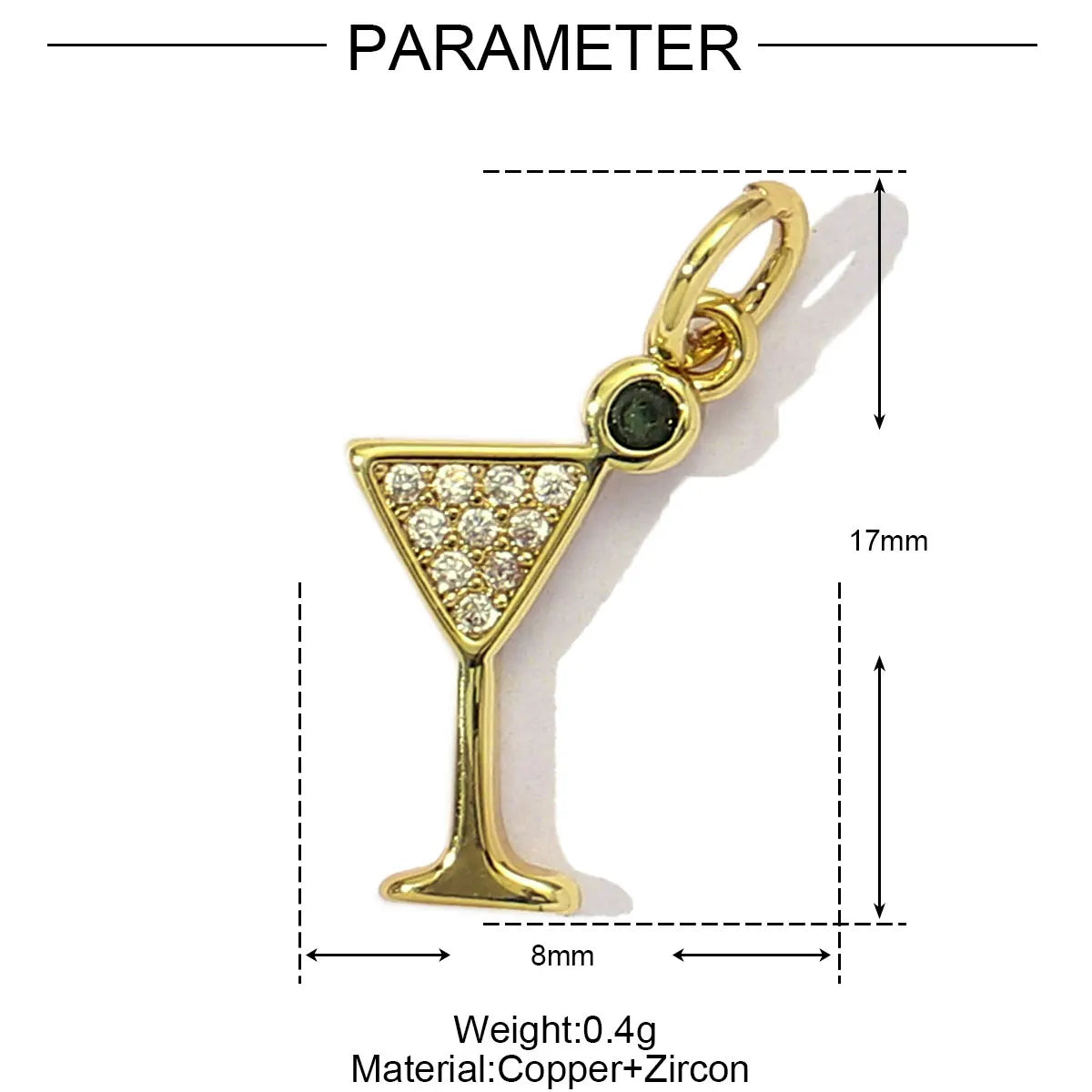 Charm en verre triangulaire doré, fait de cuivre et de pierres de zircon.