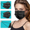 A woman is shown wearing a black disposable protective face mask, with close-ups of the mask and its layers.