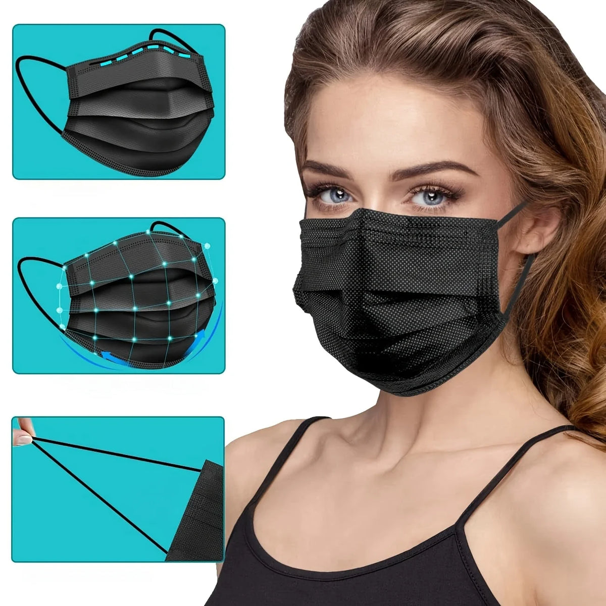 A woman is shown wearing a black disposable protective face mask, with close-ups of the mask and its layers.
