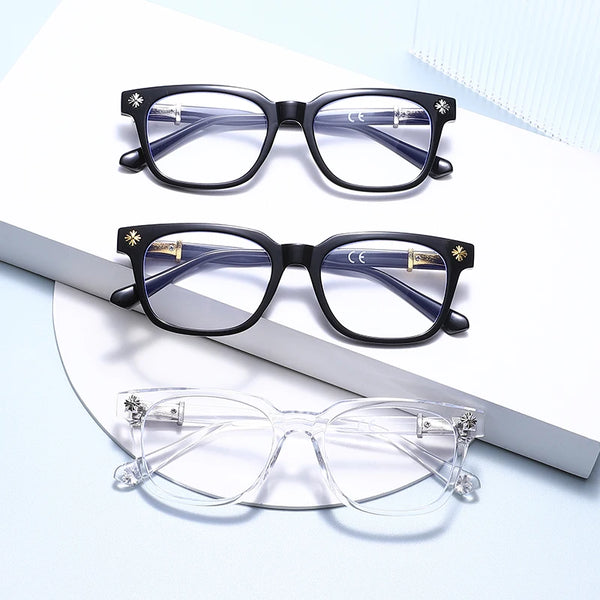 A set of black and clear square eyeglasses displayed on a white background.