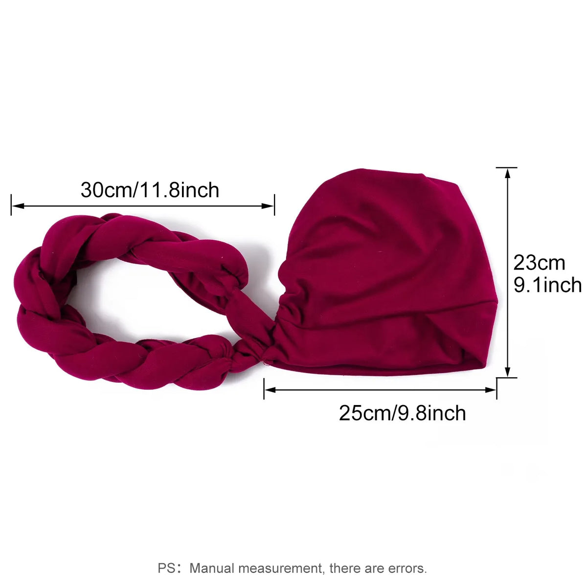 A deep magenta braided turban cap for African party headwear, shown flat with dimensions.