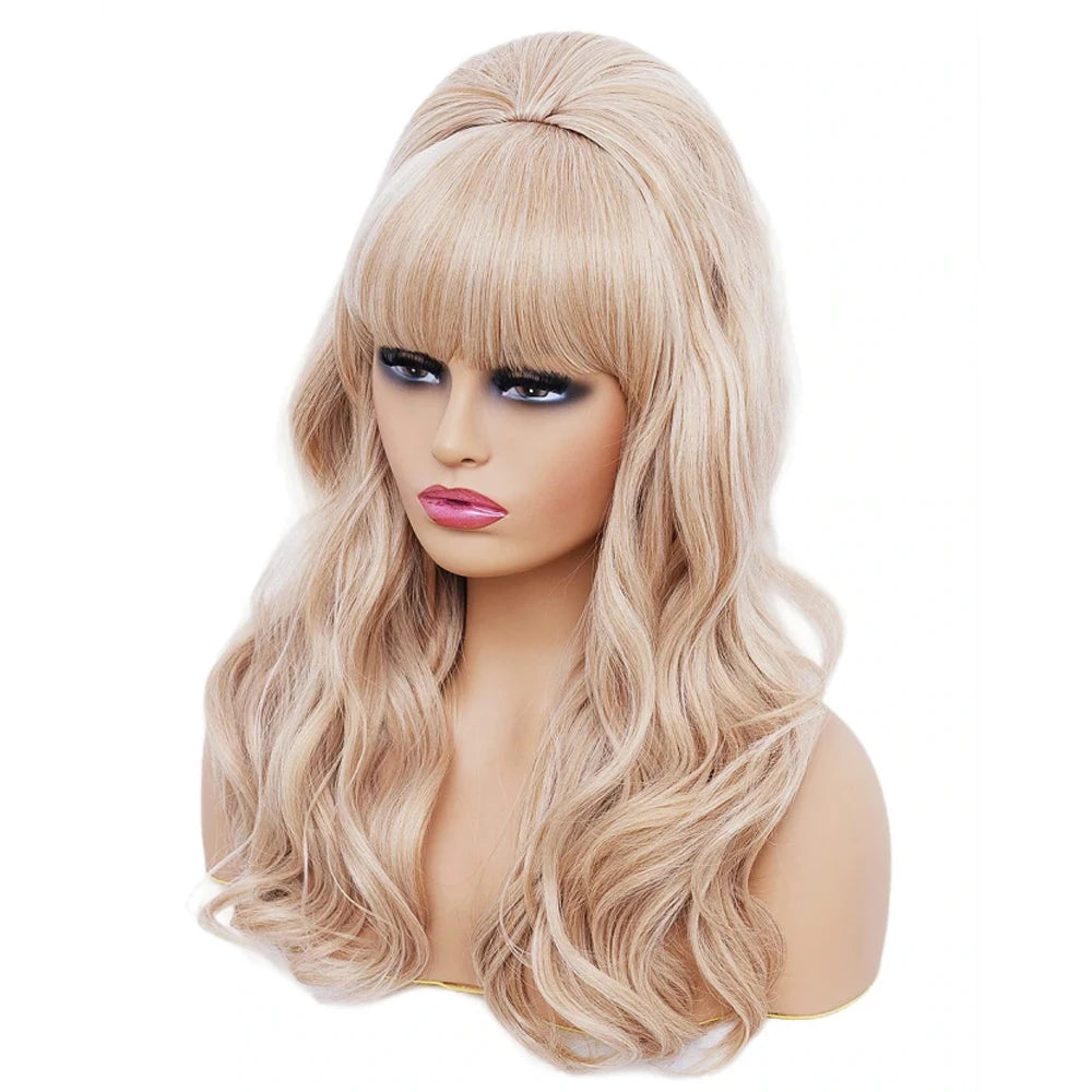A long wavy blonde wig styled in a beehive look displayed on a mannequin head.