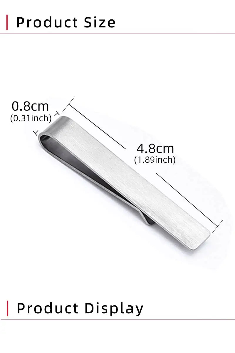 A brushed stainless steel men's tie clip shown with dimensions of 0.8cm thick and 4.8cm long.