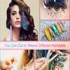 A collage showing face jewels, hair extensions, and various hairstyles made from synthetic hair tinsel.