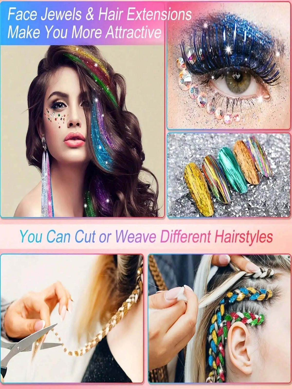 A collage showing face jewels, hair extensions, and various hairstyles made from synthetic hair tinsel.