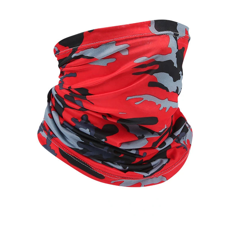 A close-up of a red and gray camouflage multi-use sun protection head scarf.