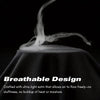 A black satin fabric is shown with wisps of steam rising from it, demonstrating breathable design.