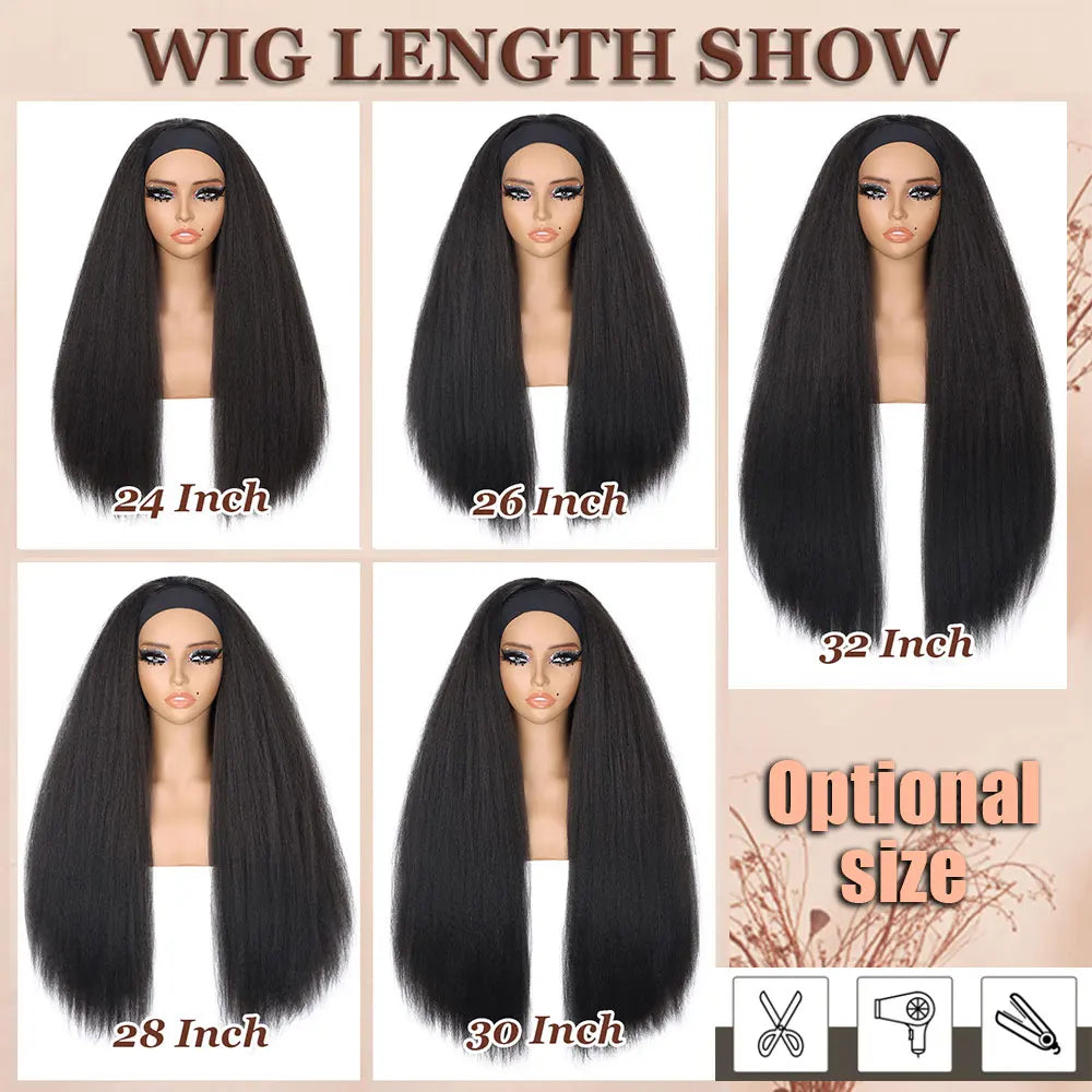 Showcase of straight synthetic wig lengths including 24, 26, 28, 30, and 32 inches.