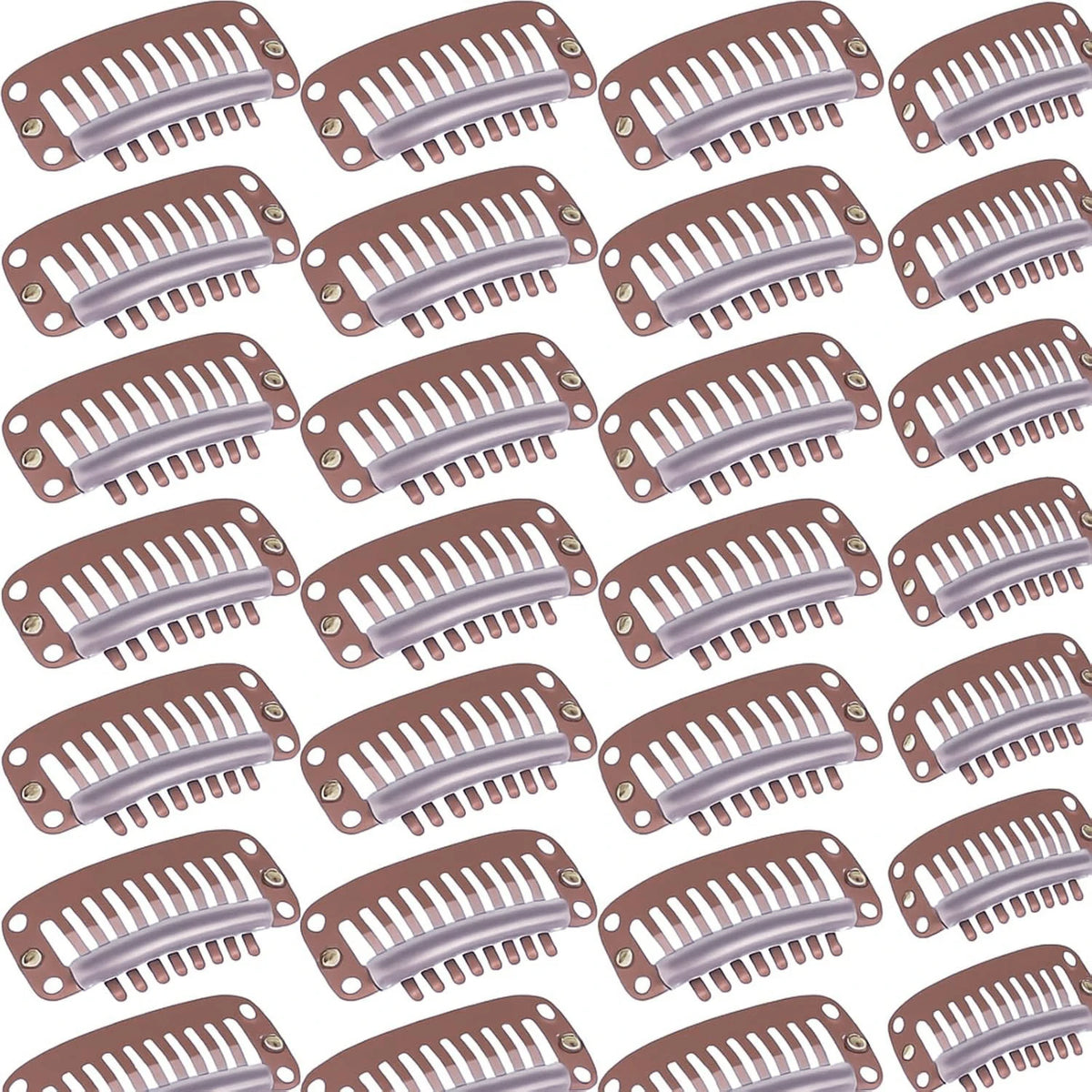 A close-up view of hair extension snap clips for wigs, showing multiple plastic clips in a light purple color.