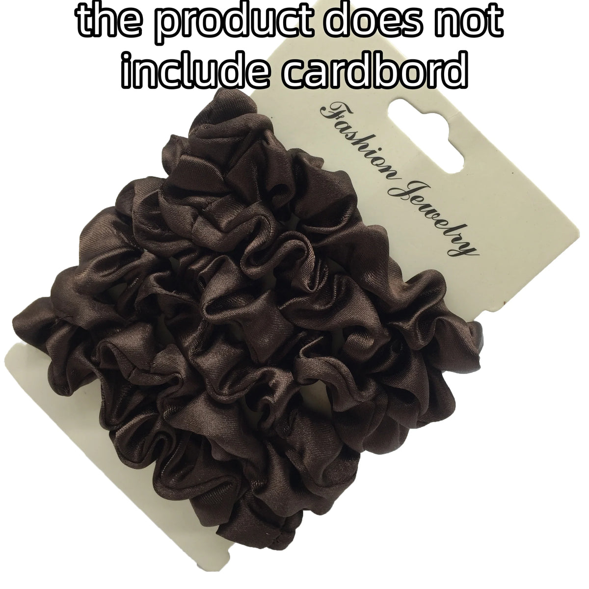 A pile of dark brown satin hair scrunchies is shown on a white card with text indicating no cardboard included.