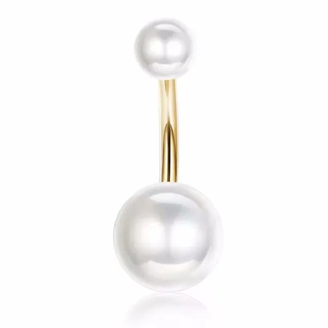 A delicate surgical stainless steel belly button ring with a pearl drop.