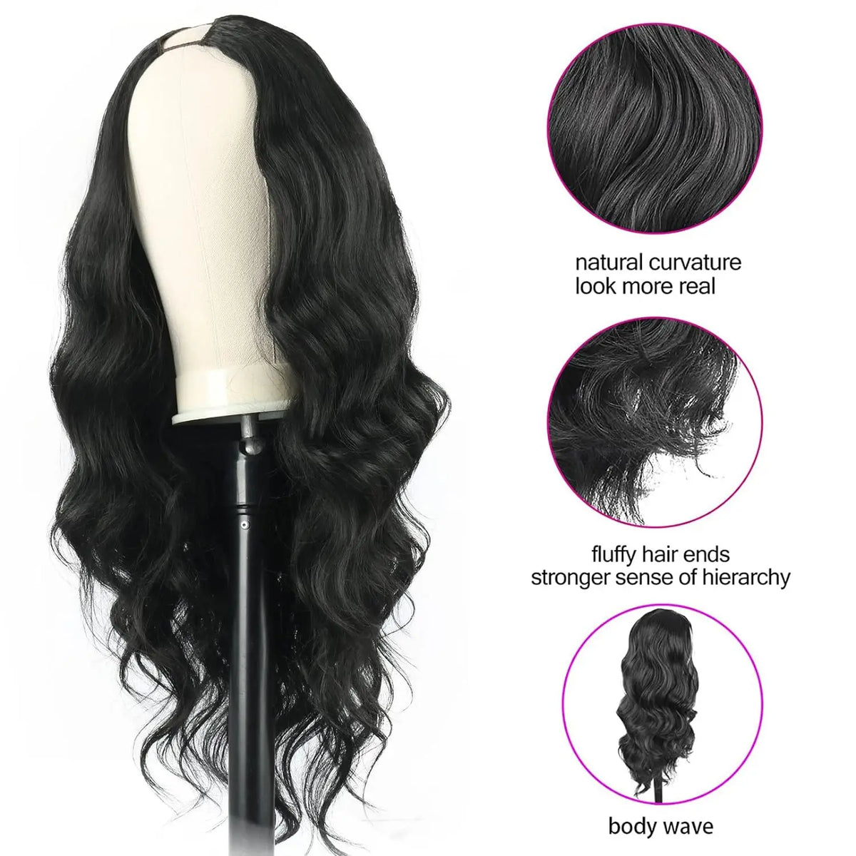 Peluca de extensión de cabello negro largo mostrando curvatura natural y puntas esponjosas con estilo ondulado.
