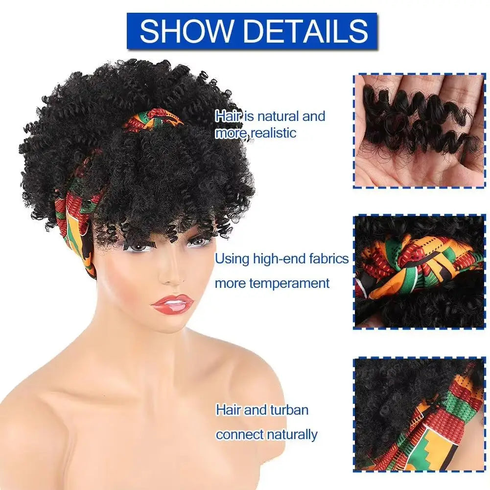 Peluca afro rizada y crespa negra con diadema colorida mostrada en maniquí.