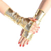 Gants de cosplay en cuir PU doré brillantes sans doigts.