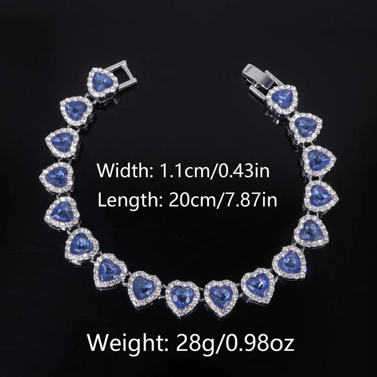 A silver-toned necklace featuring a heart-shaped rhinestone design, measuring 1.1cm wide and 20cm long.