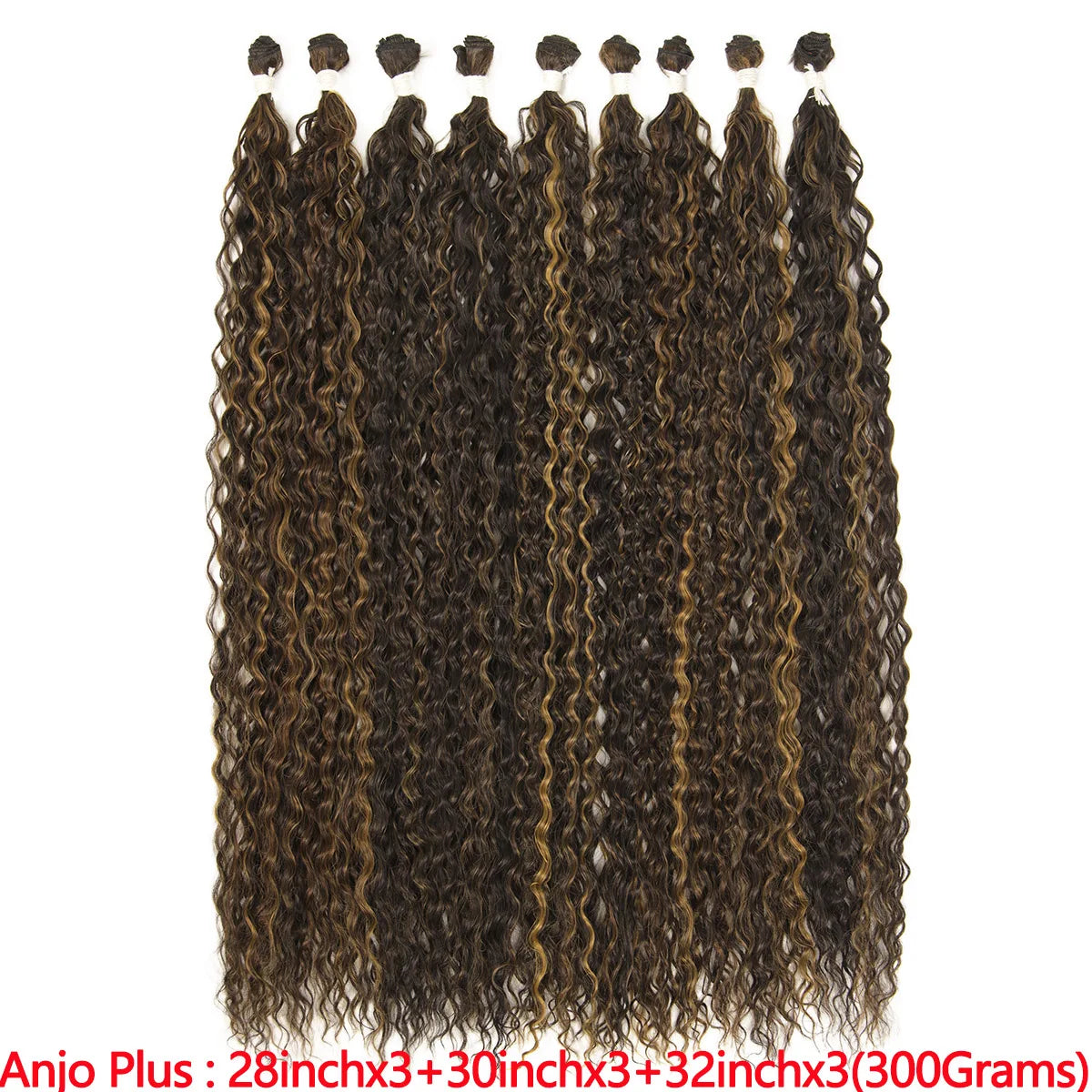 A bundle of long curly hair extensions in dark brown color