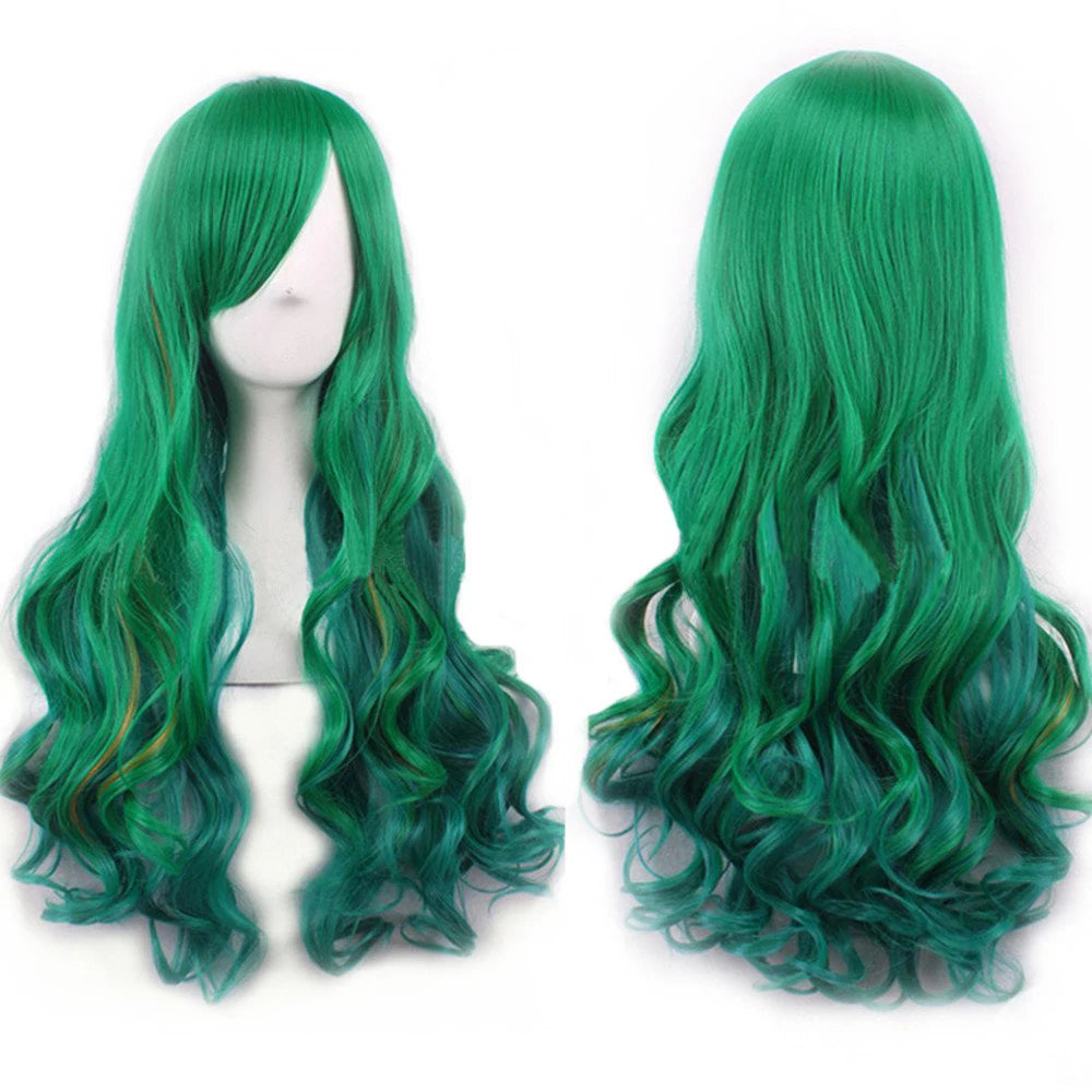 A pair of vibrant green ombre synthetic hair wigs displayed on a mannequin head.