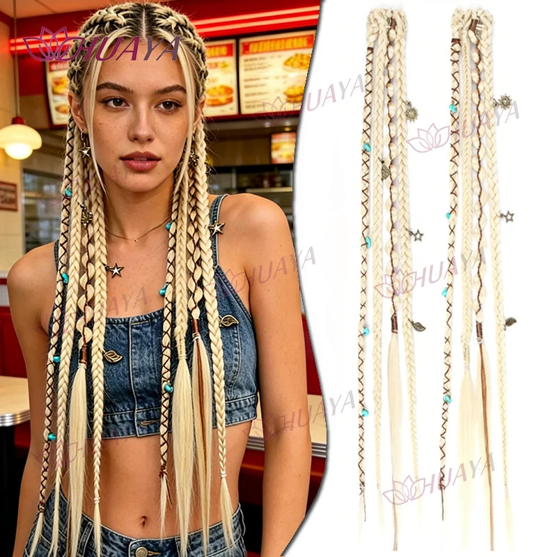 Long blonde box braids hair extensions with small beaded clips