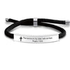 Black cord bracelet with a silver clasp engraved with the scripture Psalm 118:6