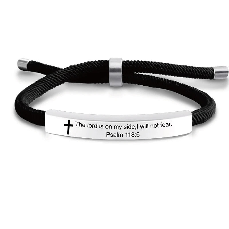 Black cord bracelet with a silver clasp engraved with the scripture Psalm 118:6