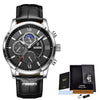 A black and silver LIGE men's quartz watch with a black leather strap and box.