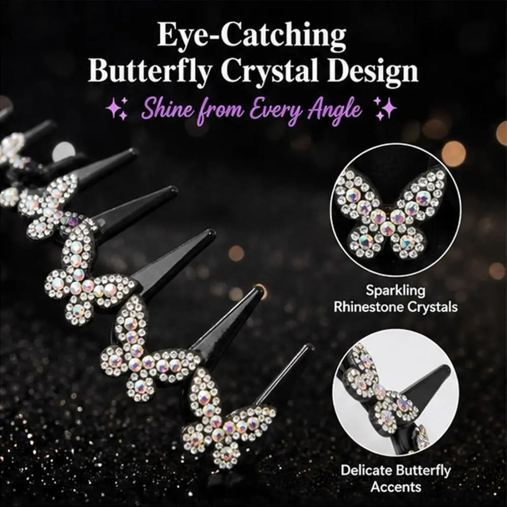 Eye-catching butterfly crystal design featuring sparkling rhinestone crystals on a black clip headband.