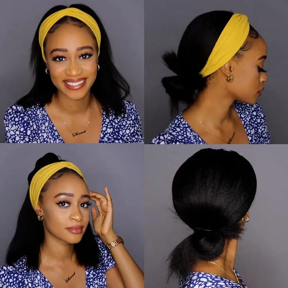 A woman models a long straight synthetic hair headband wig in yellow on her head.