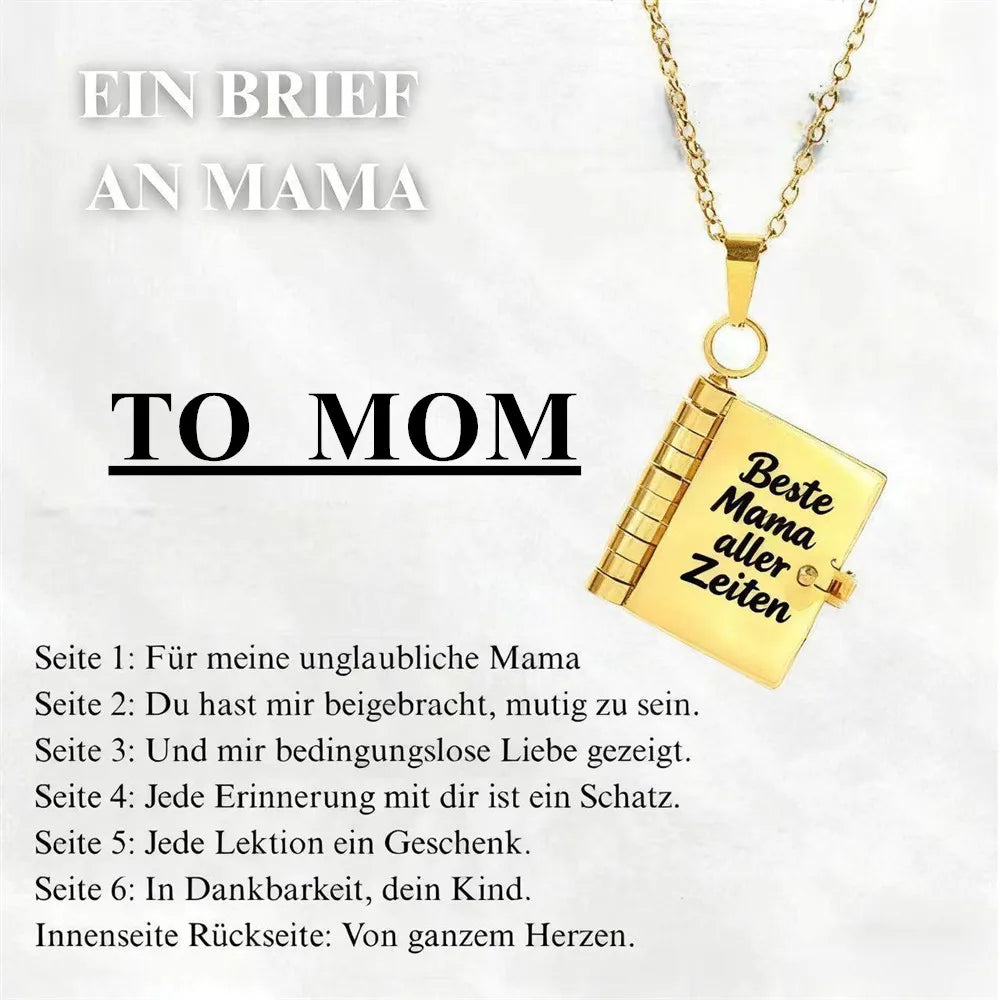 Goldenes Anhänger-Halskette mit graviertem Quadrat, das deutsche Worte für eine Mutter trägt.