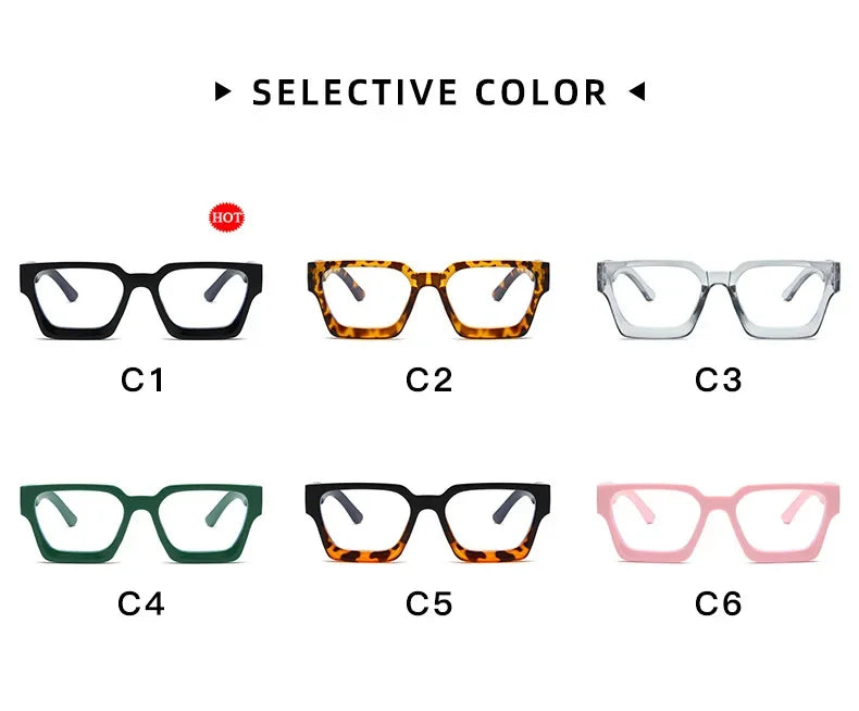 Six pairs of square anti-blue light computer glasses displayed in various colors and frames.