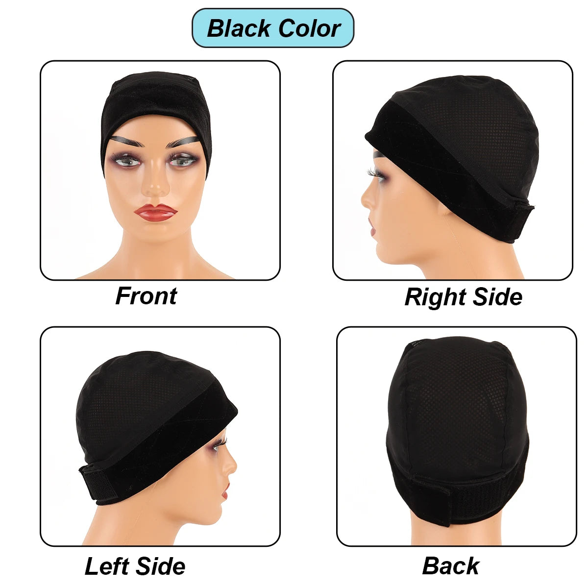 Black velvet wig grip cap shown from front, right side, left side, and back views.